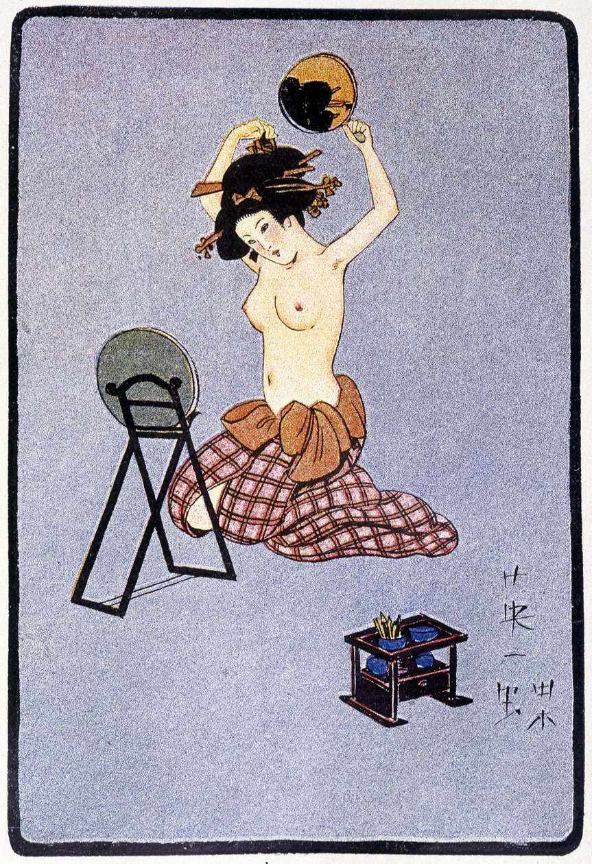 Junge Japanerin entkleidet ihre Frisur - in „Japanische Puppe“ von Félicien Champsaur, ill. Hanafusa Itcho, Paris von Hanabusa Itcho