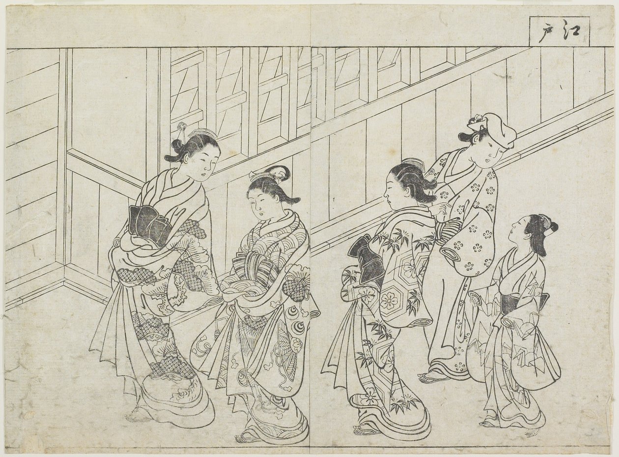 Fünf Prostituierte vor einem Haus von Hanabusa Shigenobu
