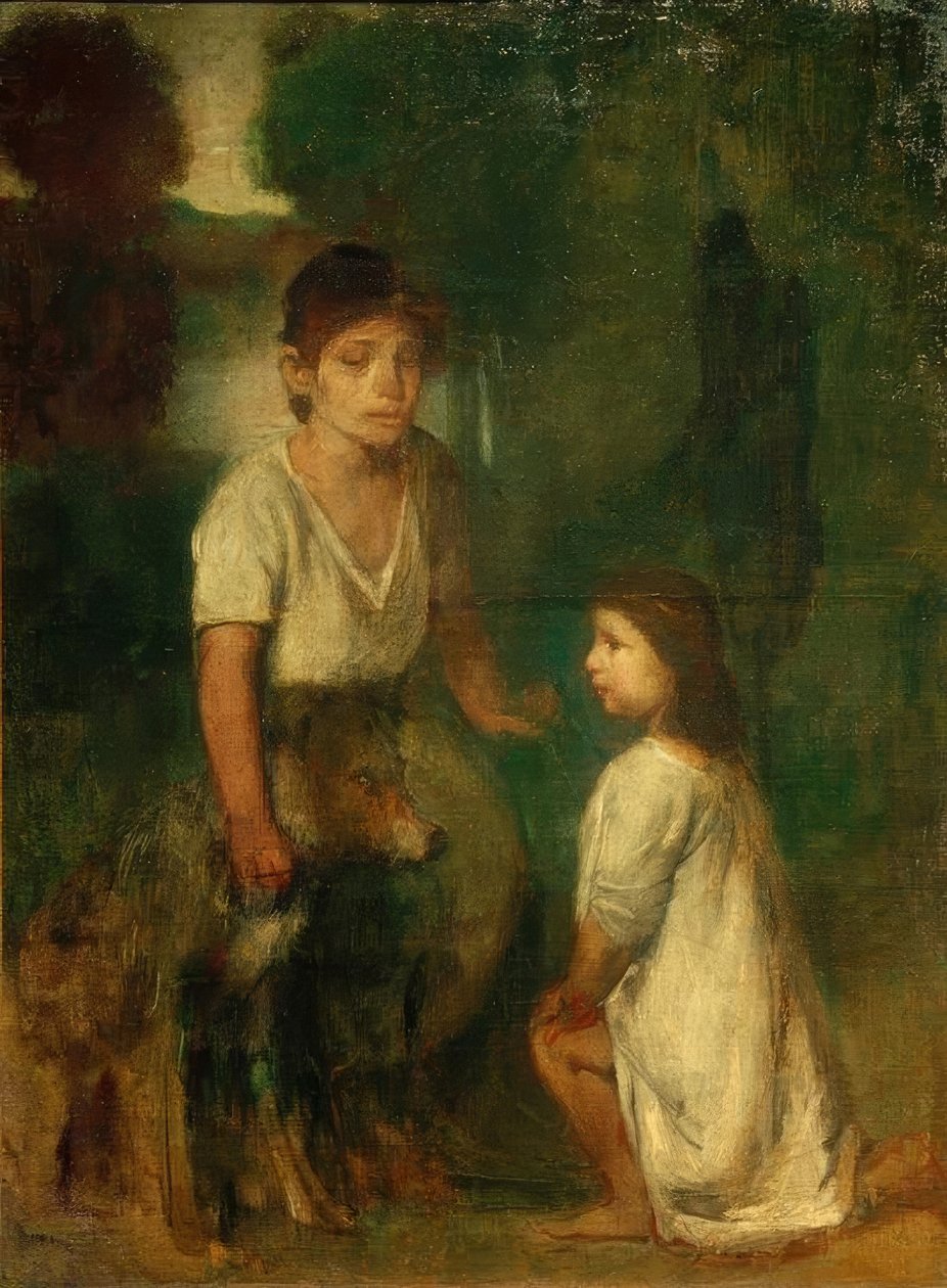 Zwei Kinder mit Hund von Hans von Marées