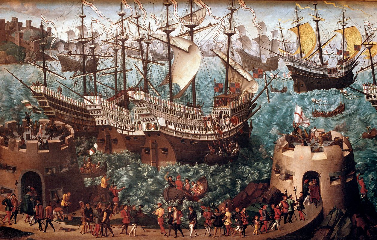 Einschiffung von Heinrich VIII. in Dover auf der Galeone Henri Grace a Dieu anlässlich des Handelsabkommens mit François I. am 7. Juni 1520 von Hans (after) Holbein the Younger