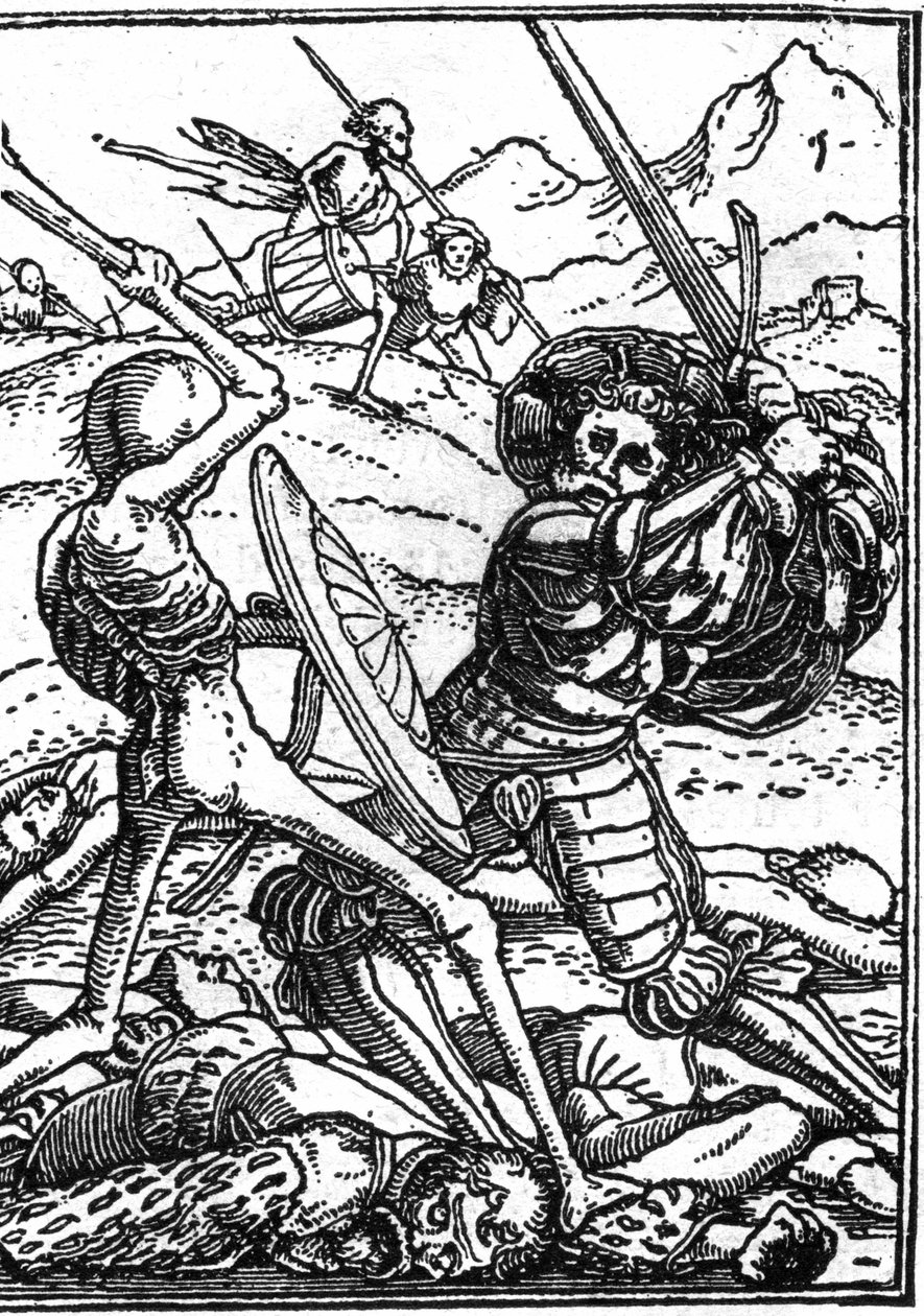 Der Scheintod von Hans Holbein dem Jüngeren: der Soldat. Ein Soldat kämpft gegen den Tod; zu ihren Füßen liegen die Leichen anderer Krieger. Gravur von Hans (after) Holbein the Younger