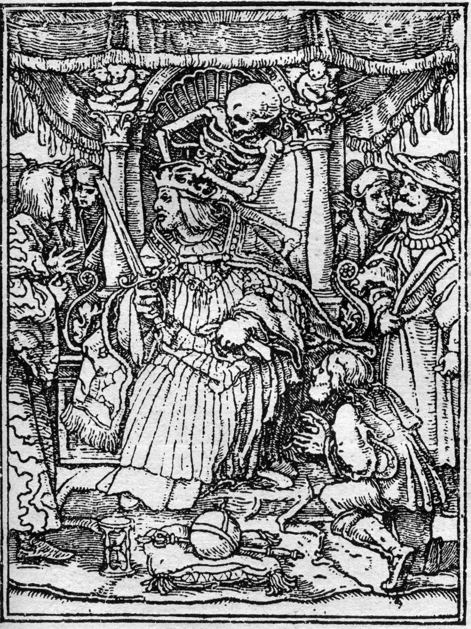 Die Simulakren des Todes von Hans Holbein dem Jüngeren (1497-1543): der Kaiser. Während der Tod dem Kaiser die Krone nimmt, bittet ihn ein Bauer um Gerechtigkeit. Gravur. von Hans (after) Holbein the Younger