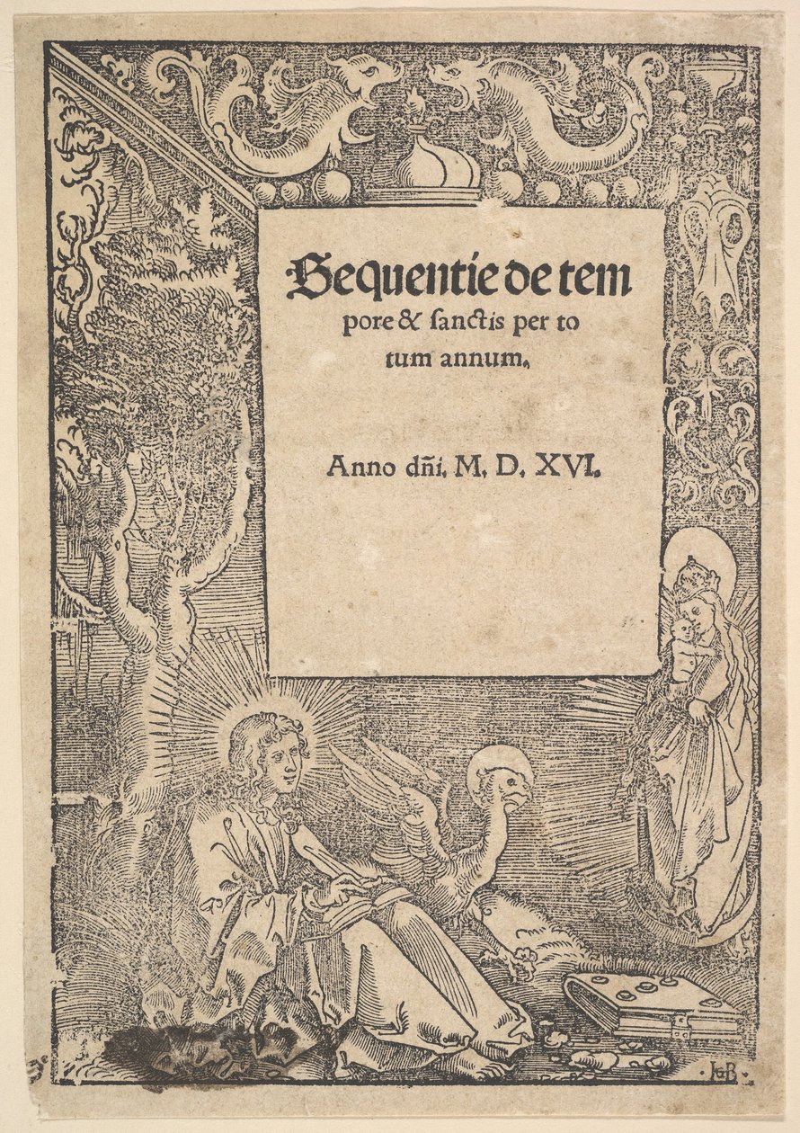 Johannes der Evangelist auf Patmos, Titelseite aus Hymni de tempore et de sanctis (1516) von Hans Baldung