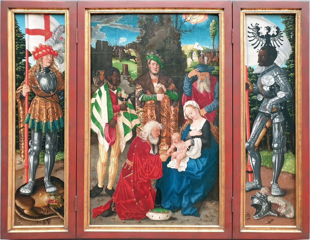 Dreikönigsaltar
Links: Heiliger Georg
Mitte: Die Anbetung der Könige
Rechts: Heiliger Mauritius von Hans Baldung Grien