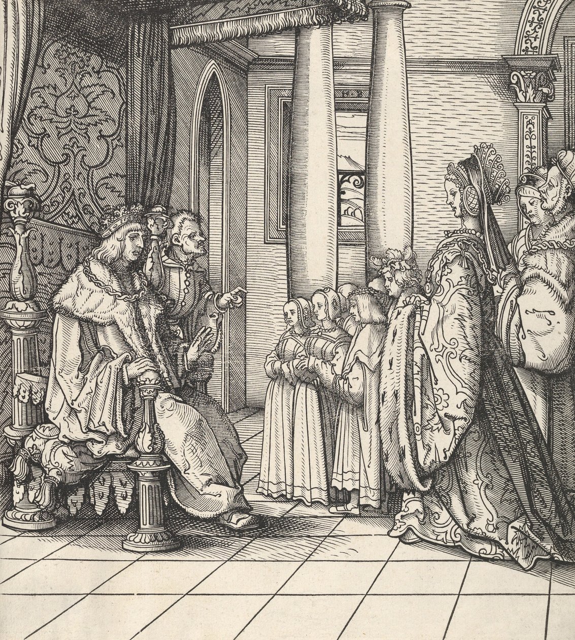 Der Weiße König empfängt seine Tochter Margarete und die Kinder von König Philipp, aus Der Weisskunig, 1514-16 von Hans Burgkmair