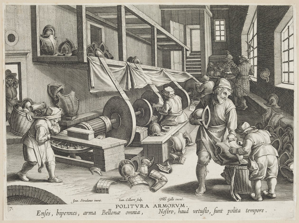 Politura Armorum (Waffenpolitur), Platte 17 aus der Serie Nova Reperta (Moderne Entdeckungen), ca. 1588 von Hans Collaert