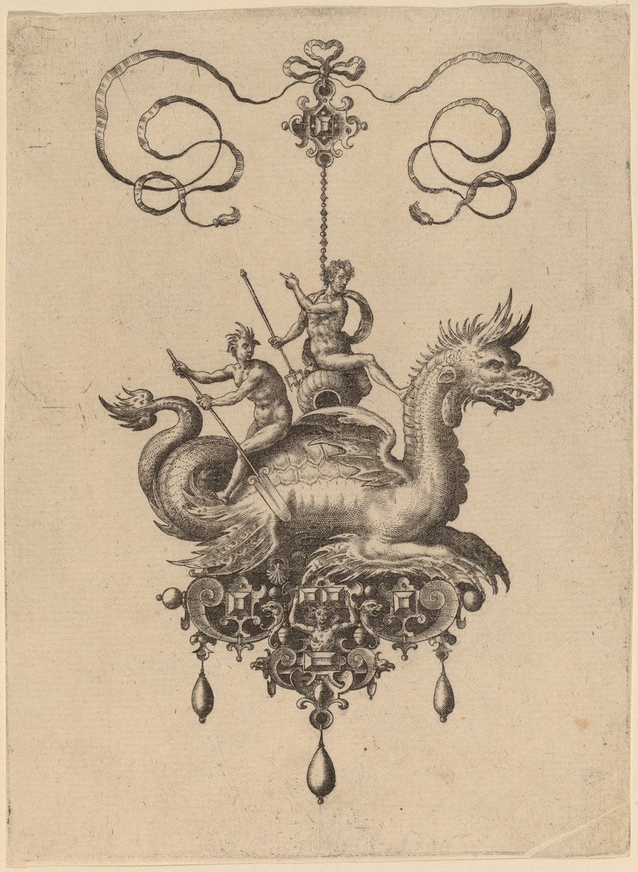 Entwurf für ein Anhänger mit einem Seeungeheuer, das Neptun auf einer Urne trägt, flankiert von einem Flussgott mit einem Ruder von Hans Collaert the Elder