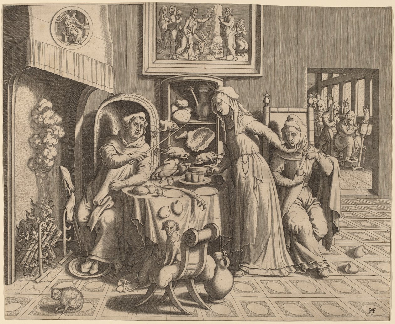 Die verliebte Nonne zwischen dem Abt und dem Mönch von Hans Collaert the Elder