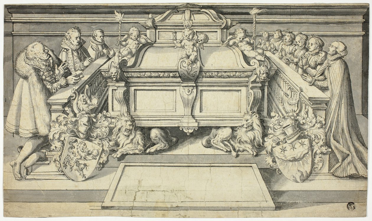Entwurf für Epitaph: Familienmitglieder knien vor Grabmal von Hans Holbein the Younger