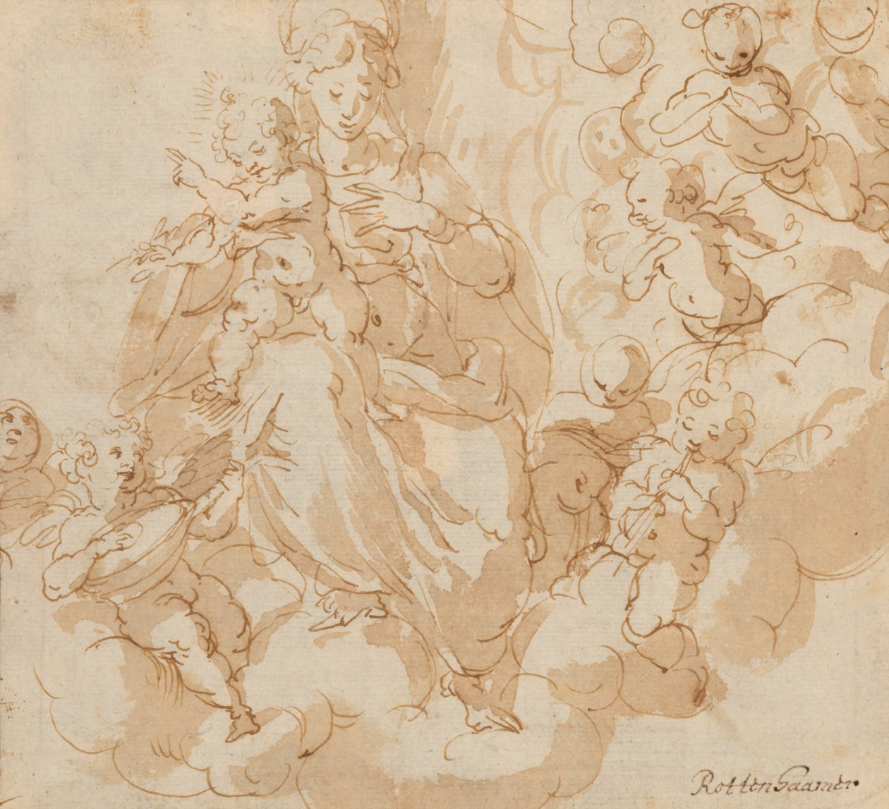 Recto: Die Jungfrau und das Kind auf Wolken sitzend, umgeben von Putti von Hans I or Johann Rottenhammer