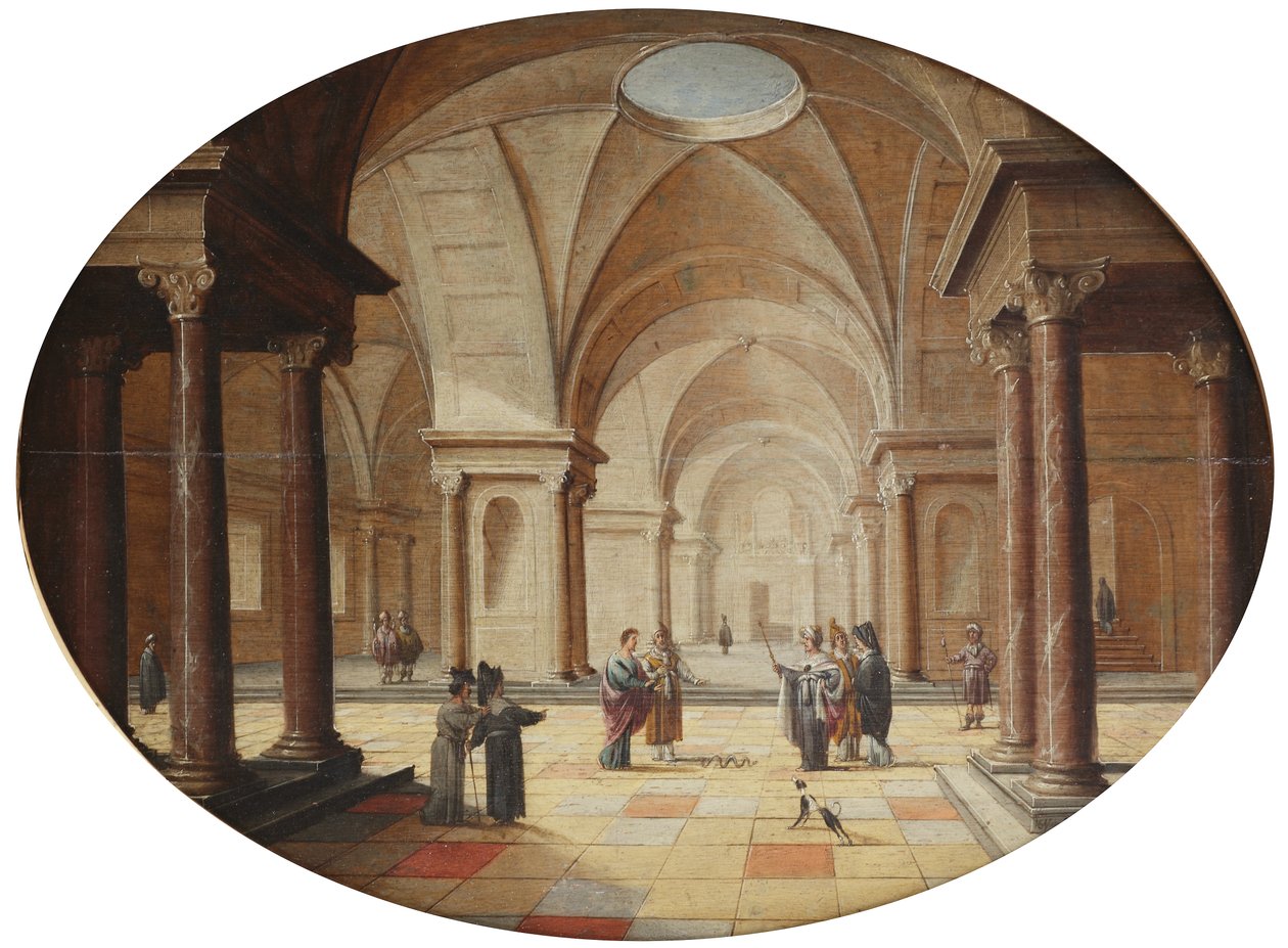 Ein klassischer Palastinnenraum mit Moses, der den Stab des Pharaos in eine Schlange verwandelt von Hans Juriaensz. van Baden