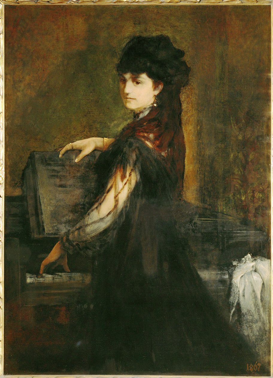 Amalie Makart, geborene Rothmayr, die erste Frau des Künstlers, am Klavier von Hans Makart