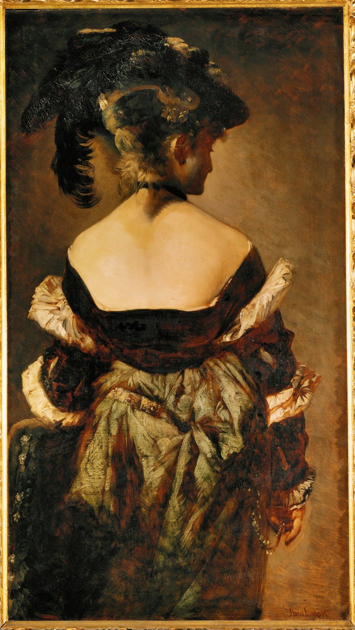 Porträt einer Dame mit Federhut, von hinten gesehen von Hans Makart
