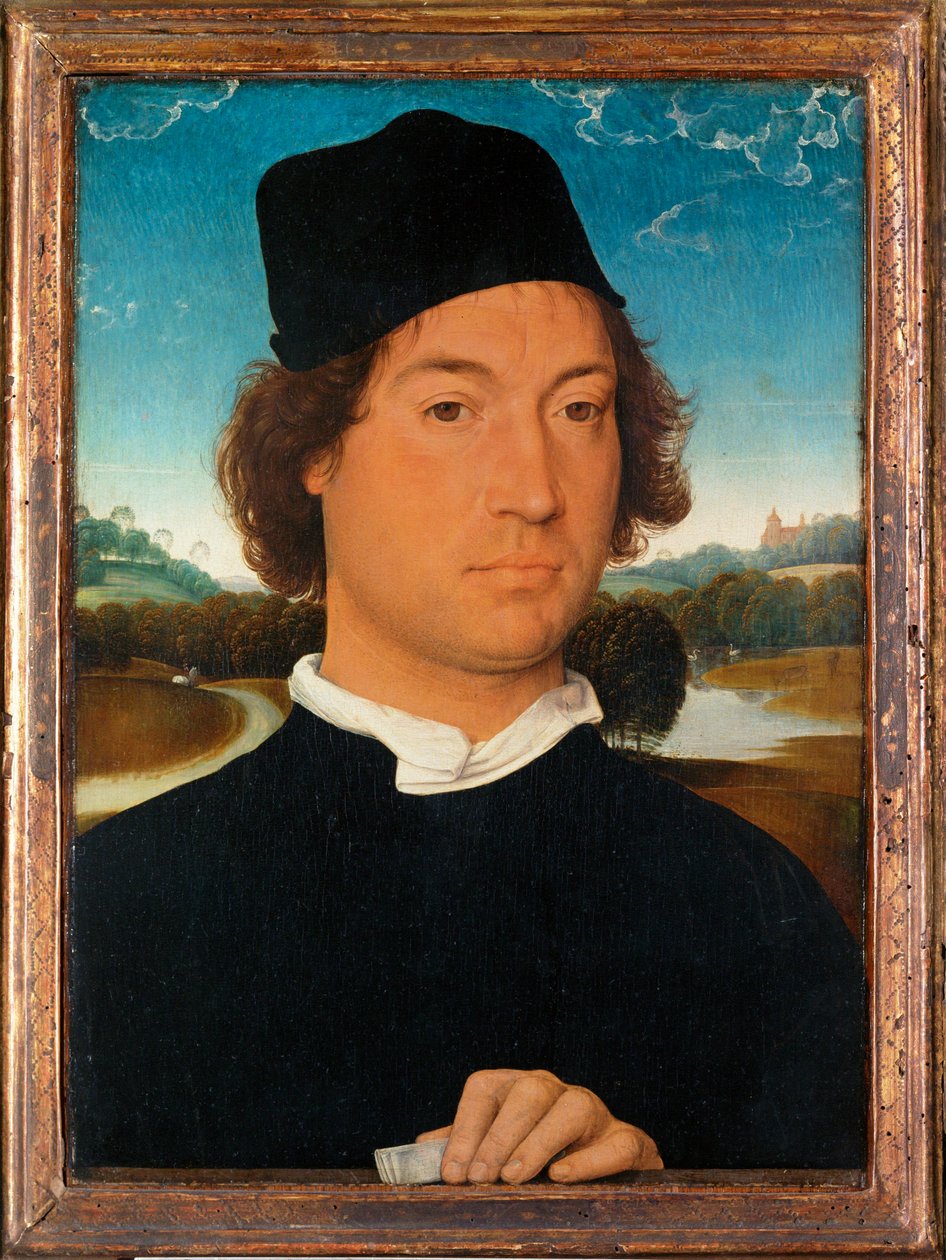 Porträt eines unbekannten Mannes mit Landschaft von Hans Memling
