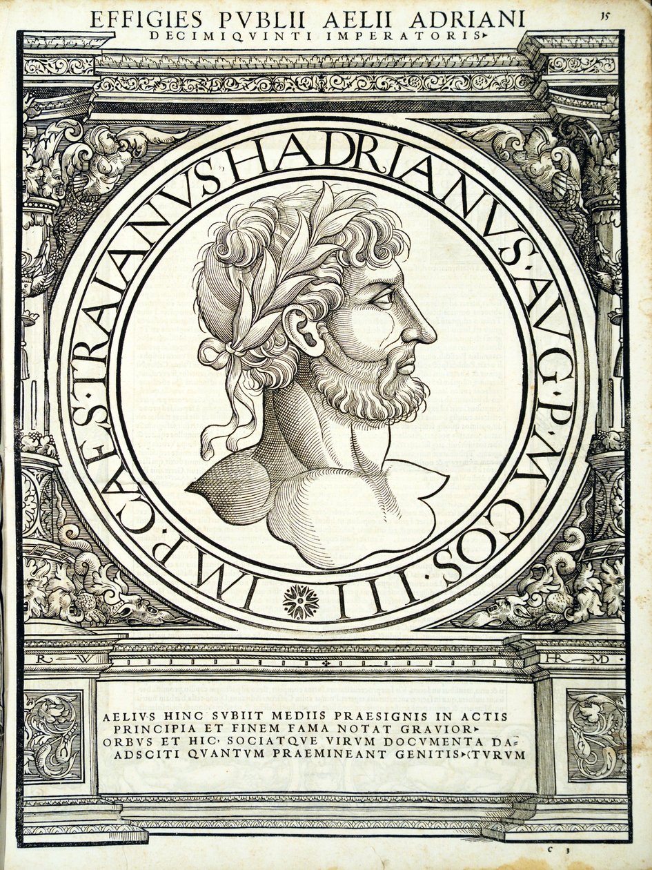 Aelius Hadrianus, Illustration aus Imperatorum romanorum omnium orientalium et occidentalium verissimae imagines ex antiquis numismatis von Hans Rudolf Manuel Deutsch
