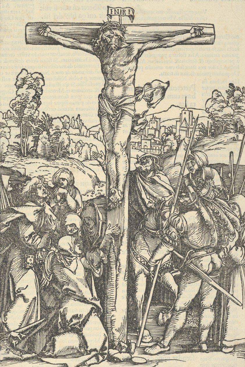 Die Kreuzigung, aus Der beschlossen gart des rosenkranzes marie, 1505 von Hans Schäufelein the Elder