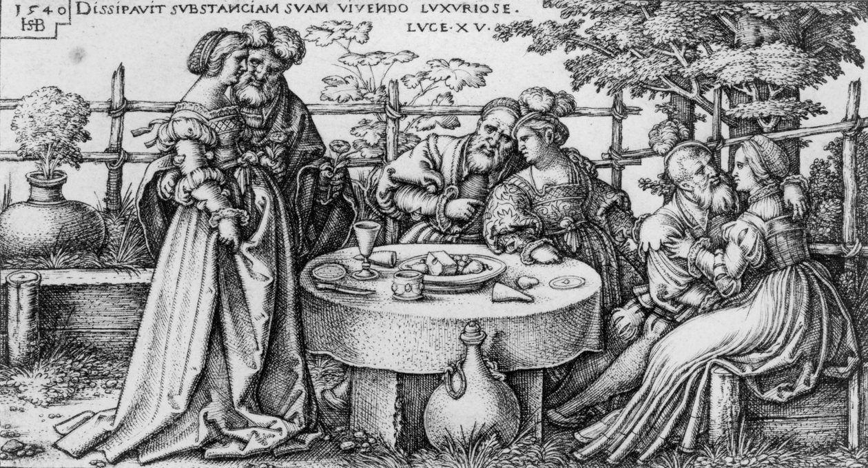 Der verlorene Sohn verschwendet sein Vermögen, aus der Serie "Die Geschichte des verlorenen Sohnes" von Hans Sebald Beham