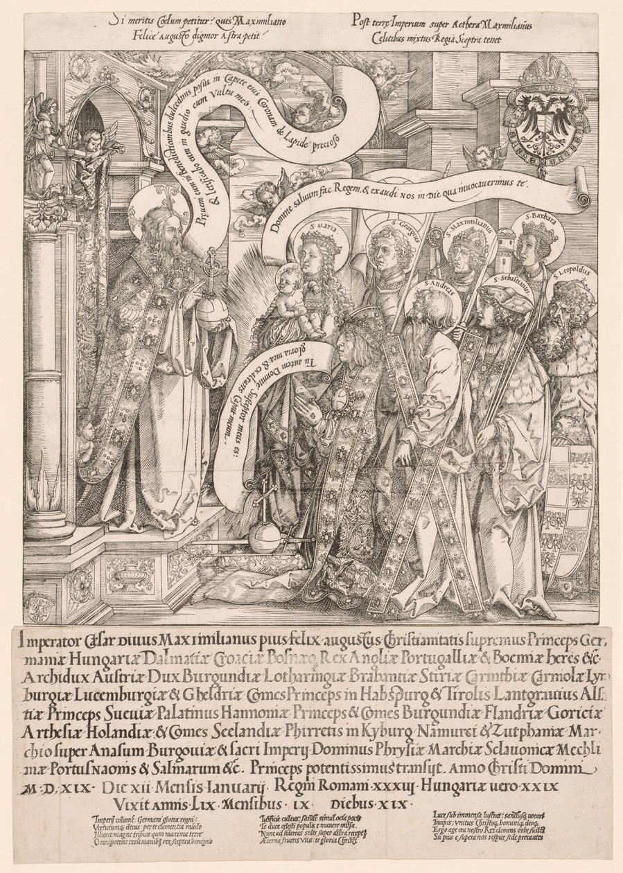 Maximilian wird von seinen Schutzheiligen dem Allmächtigen vorgestellt von Hans Springinklee
