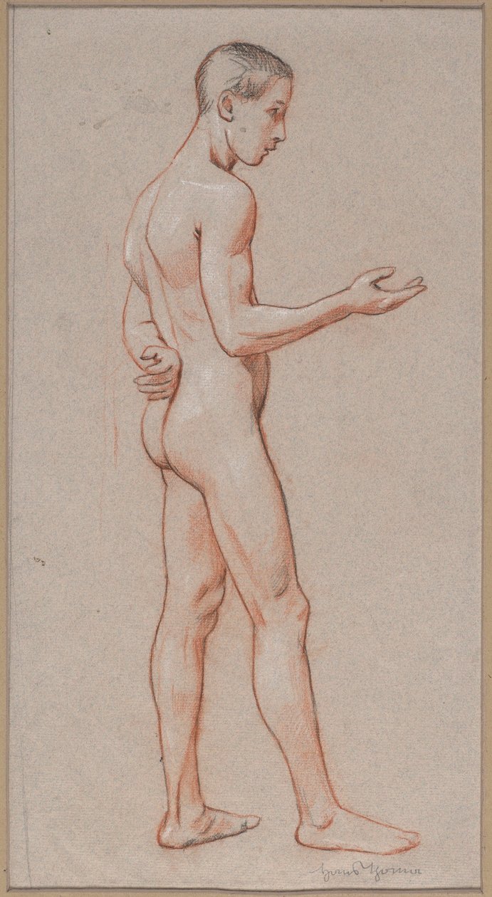 Akt eines jungen Mannes mit ausgestrecktem Arm, im Profil stehend dargestellt von Hans Thoma
