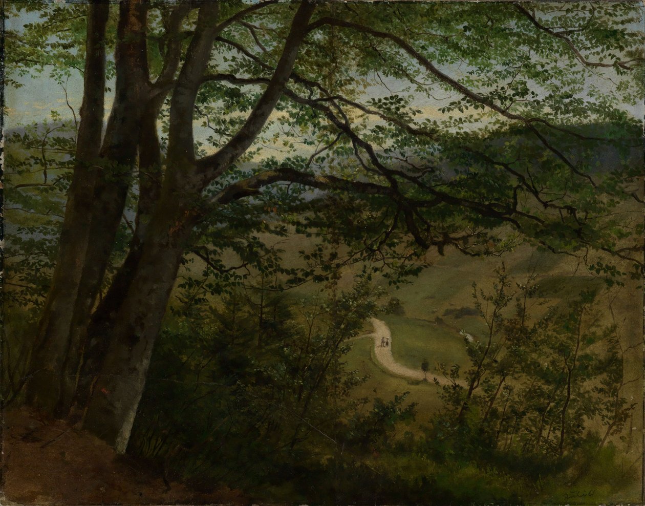 Blick durch Bäume und Gestrüpp auf das Tal von Hans Thoma