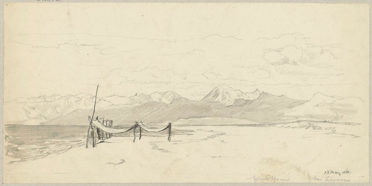 Küstenfragment in der Nähe von Livorno mit Fischernetzen am Strand von Hans Thoma
