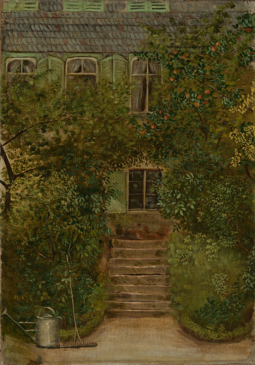 Garten eines Landhauses mit Gießkanne und Rechen von Hans Thoma