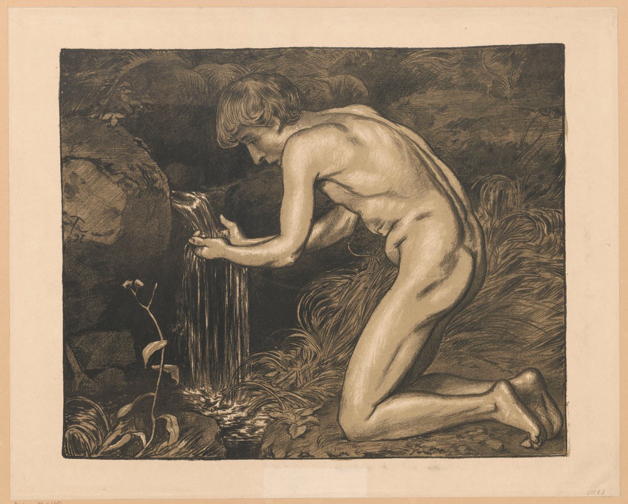 Junger Mann, der Wasser aus der Quelle schöpft, Akt von Hans Thoma