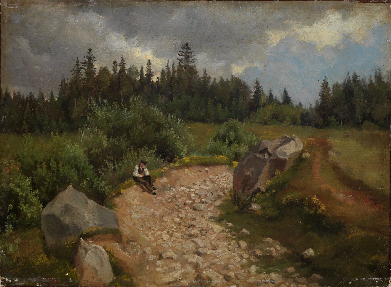 Steiniger Weg am Waldrand mit sitzendem Mann von Hans Thoma