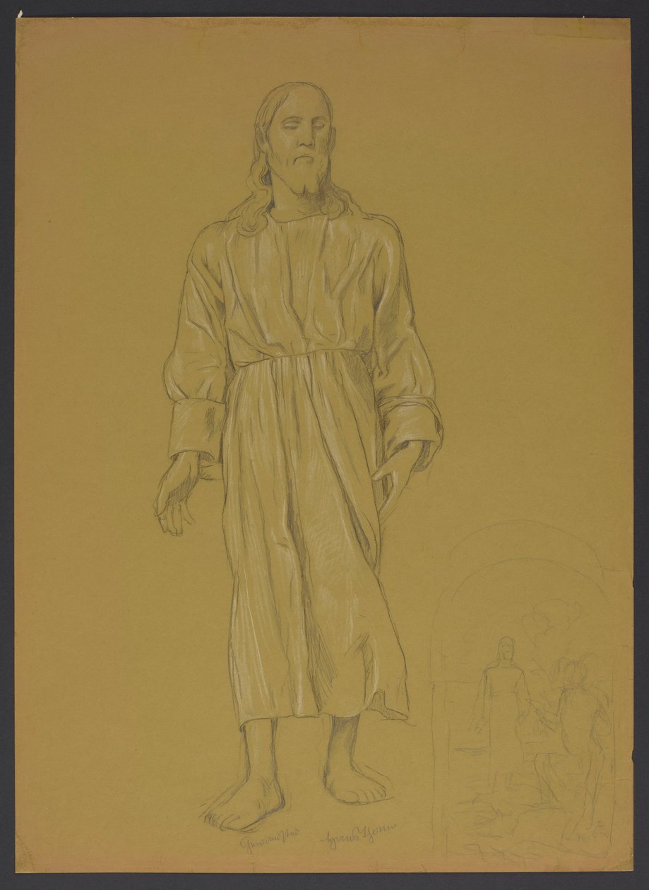 Studie der Gestalt Christi, daneben, unten, Skizze zum Gemälde "Taufe Christi" von Hans Thoma