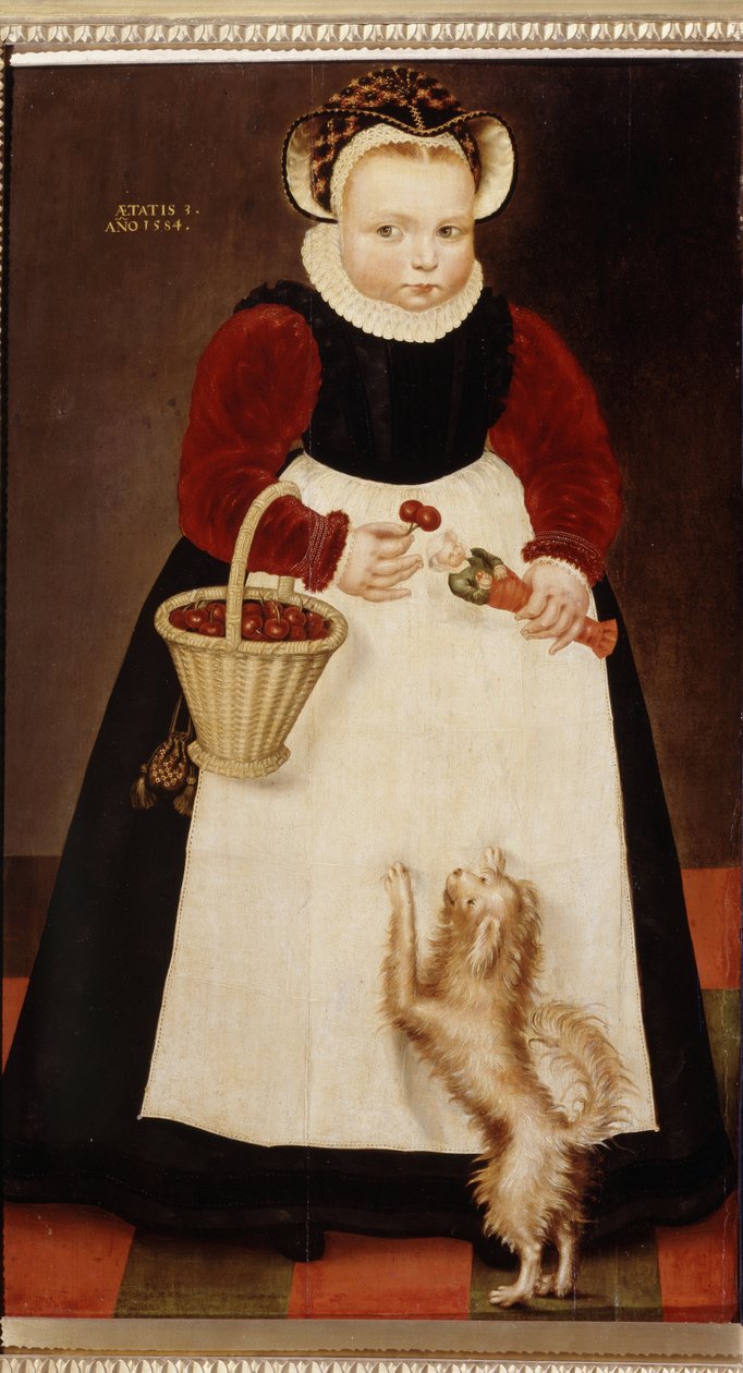 Porträt eines kleinen Mädchens mit einem Korb Kirschen und einer kleinen Puppe von Hans the Elder Bock
