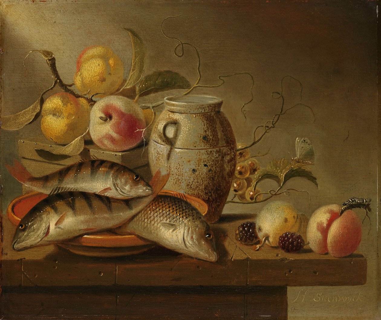 Stillleben mit irdenem Krug, Fisch und Obst von Harmen Steenwijck