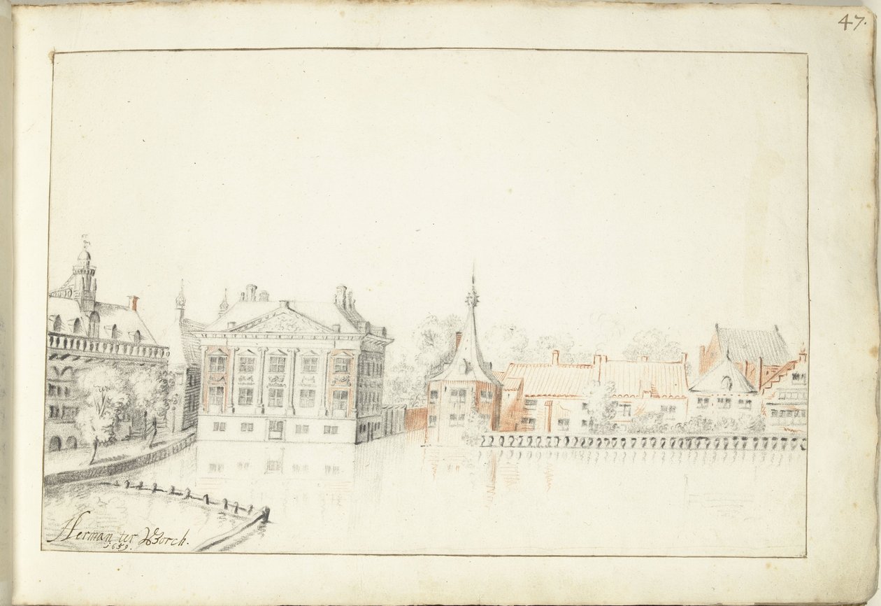 Ansicht der Gebäude am Hofvijver, Den Haag von Harmen ter Borch (signed by artist)