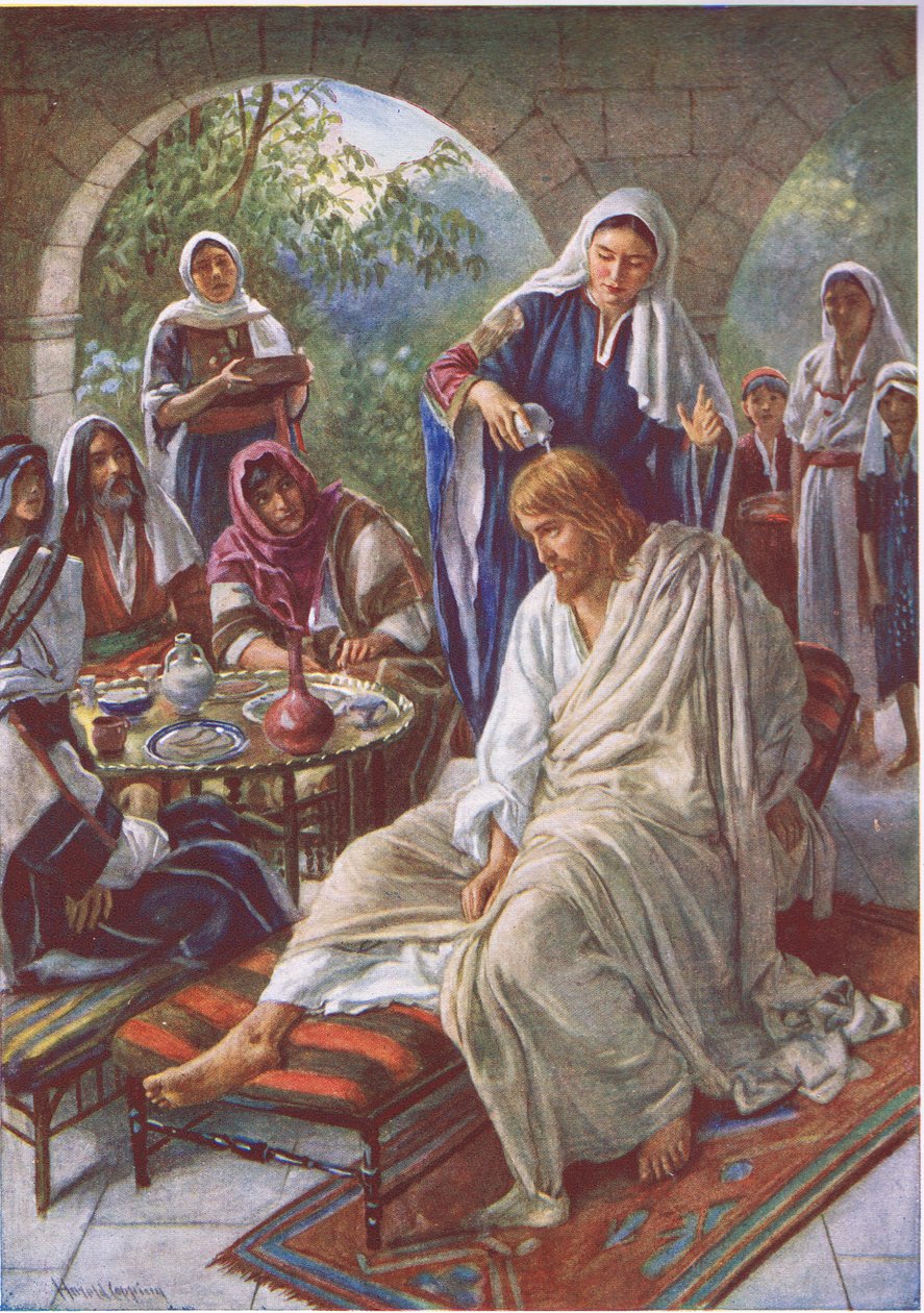 Maria salbt Jesus, Illustration aus Bilder, die lehren Die Kronenserie, 1920 von Harold Copping