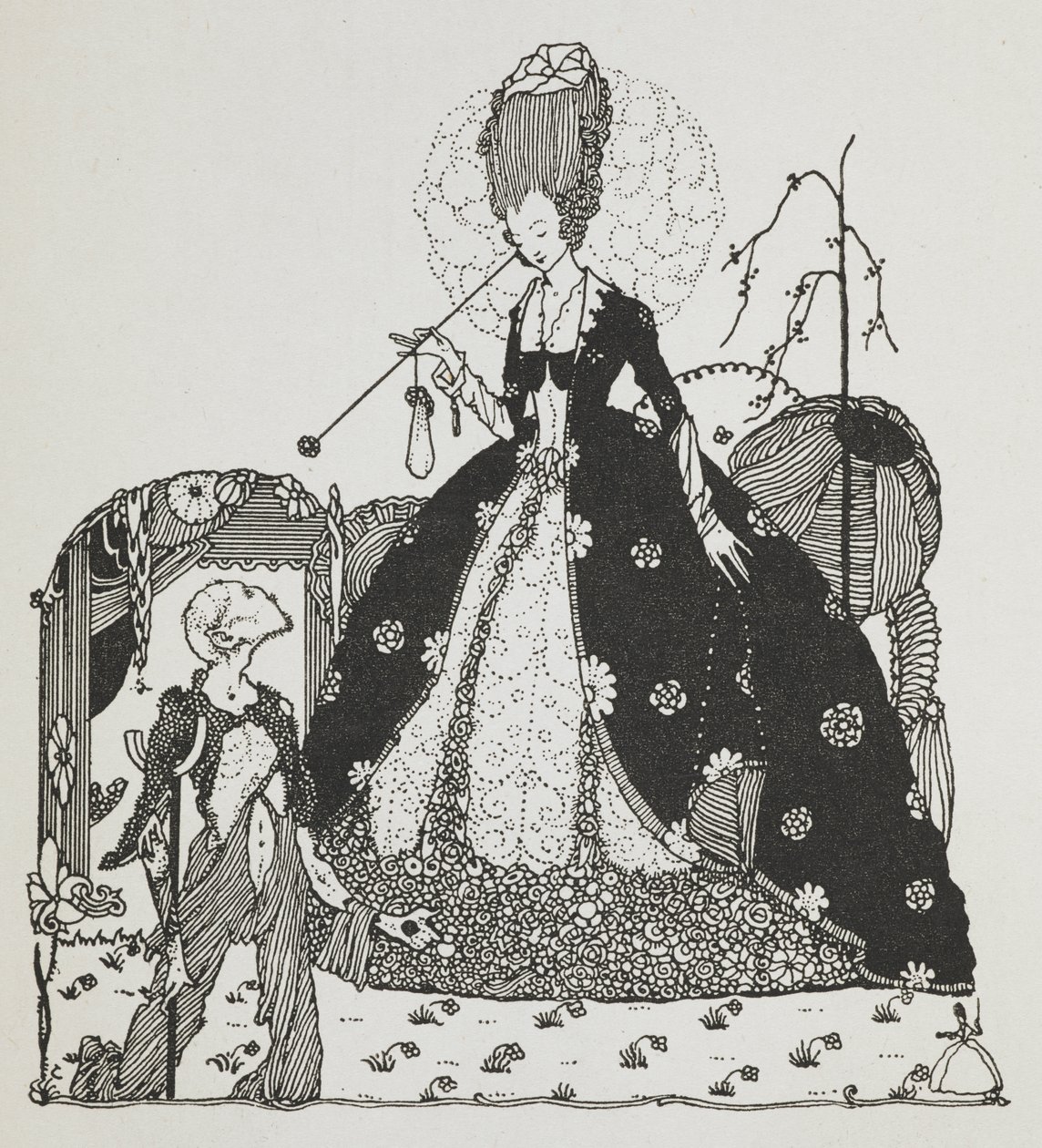 Eine Dame schaut auf einen Bauern herab, der um Geld bettelt. von Harry Clarke