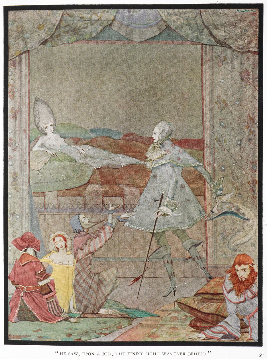 "Er sah, auf einem Bett, das schönste Bild, das je gesehen wurde." Der Prinz sieht die Prinzessin, "Dornröschen", auf ihrem Bett. von Harry Clarke