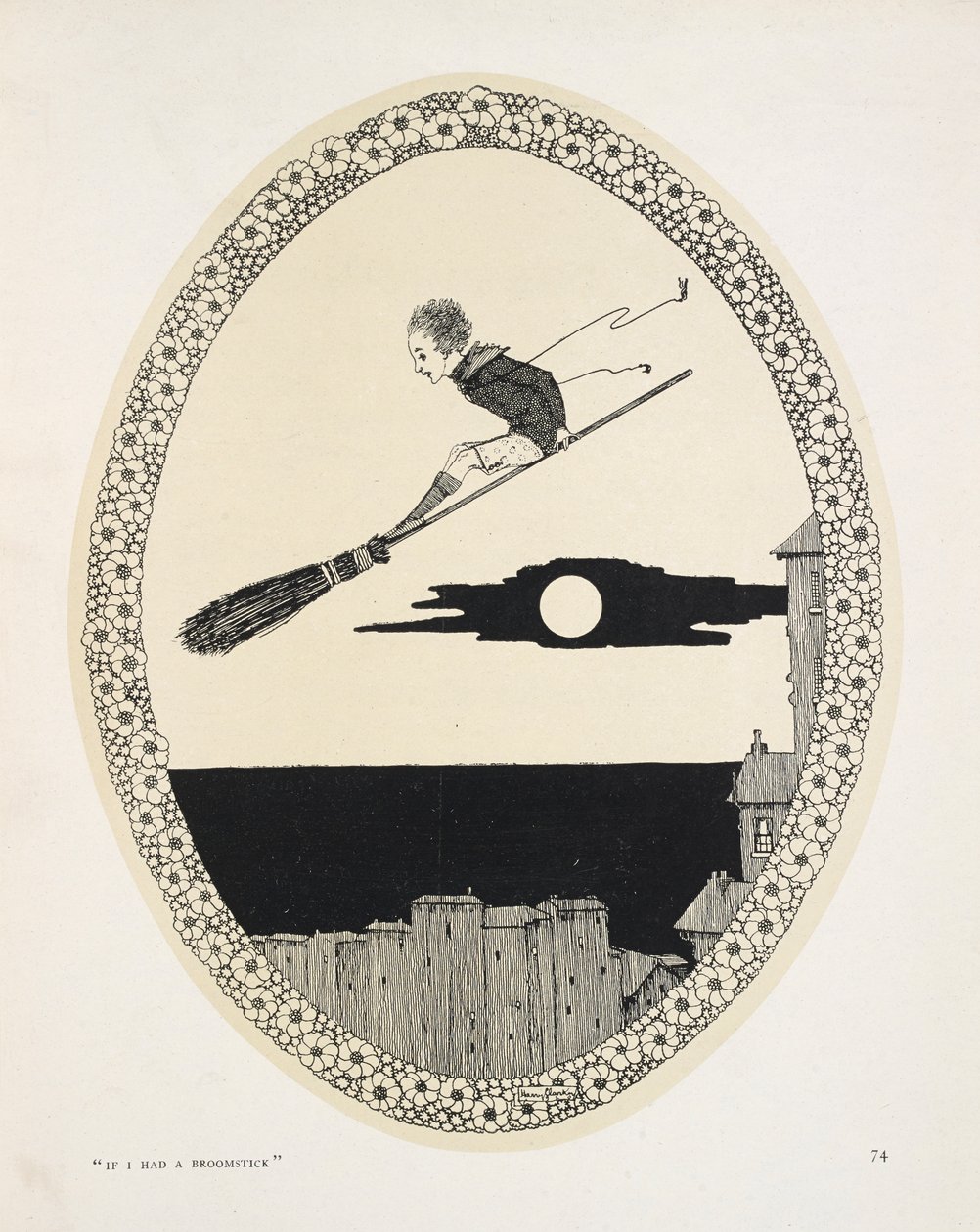 "Wenn ich einen Besenstiel hätte". Illustration zu einem Gedicht von Patrick R. Chalmers. Ein Junge auf einem Besenstiel von Harry Clarke