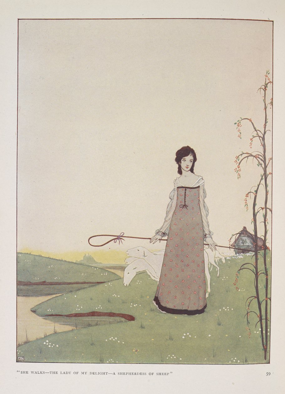 "Sie geht - die Dame meiner Freude - eine Schäferin der Schafe." Illustration für Die Schäferin von Alice Meynell. von Harry Clarke