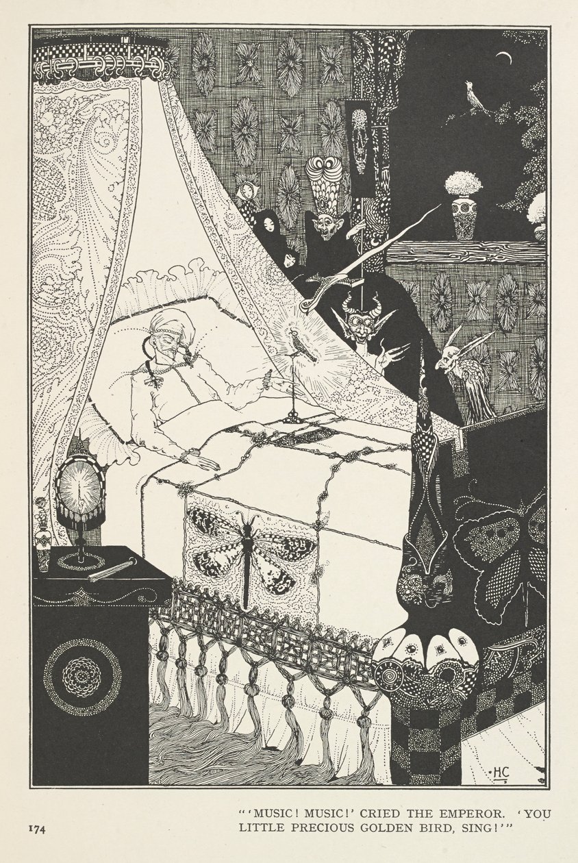 Die Nachtigall. "Musik! Musik!" rief der Kaiser. "Du kleiner kostbarer goldener Vogel, sing!" von Harry Clarke