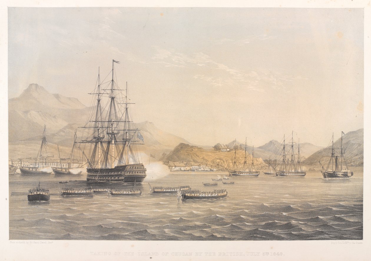 Die Einnahme der Insel Chusan durch die Briten, 5. Juli 1840 (farbige Lithographie) von Harry Francis Darell