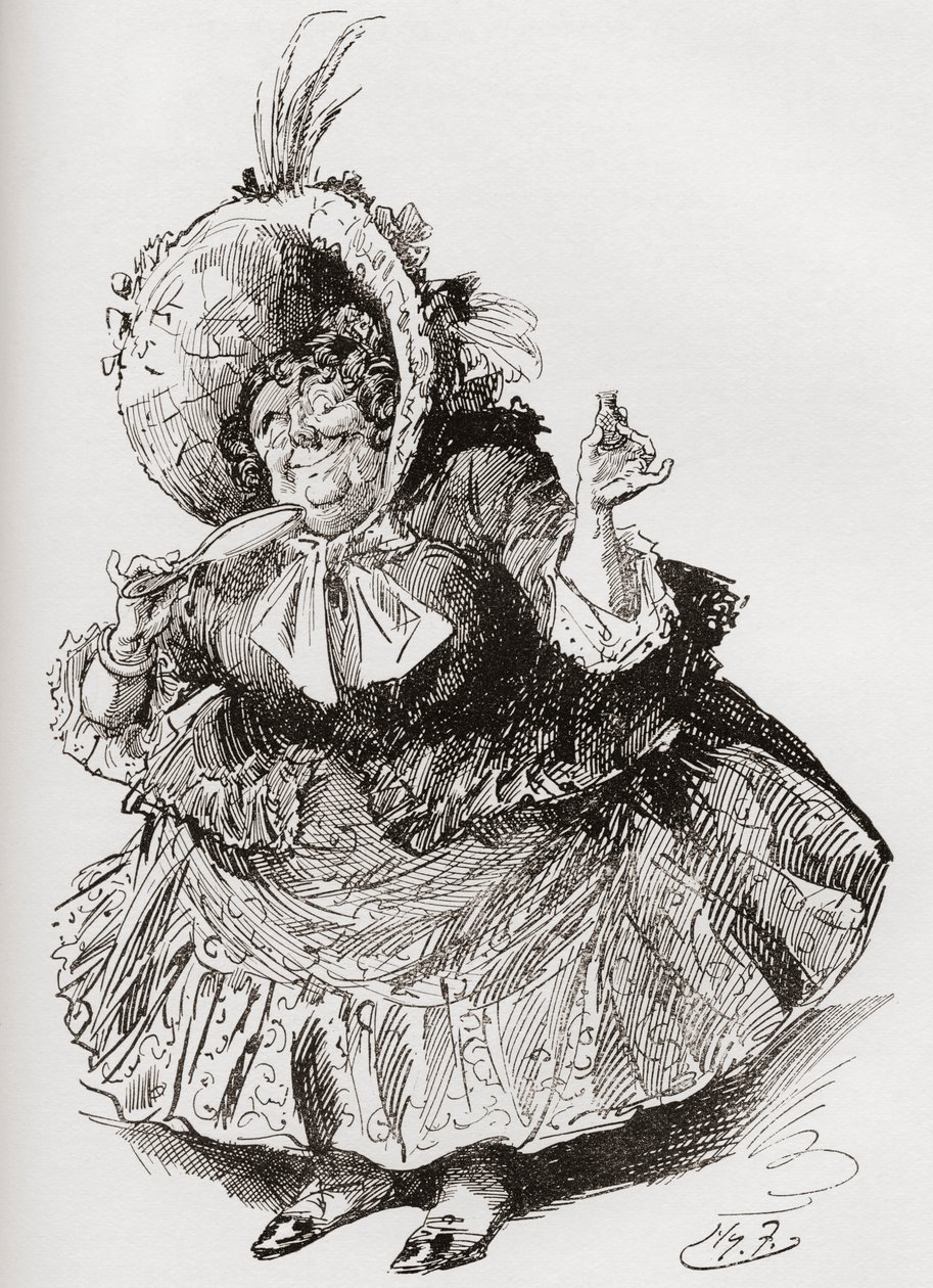 Miss Mowcher. Illustration von Harry Furniss für den Charles Dickens Roman David Copperfield, aus der Testimonial Edition, veröffentlicht 1910 von Harry Furniss