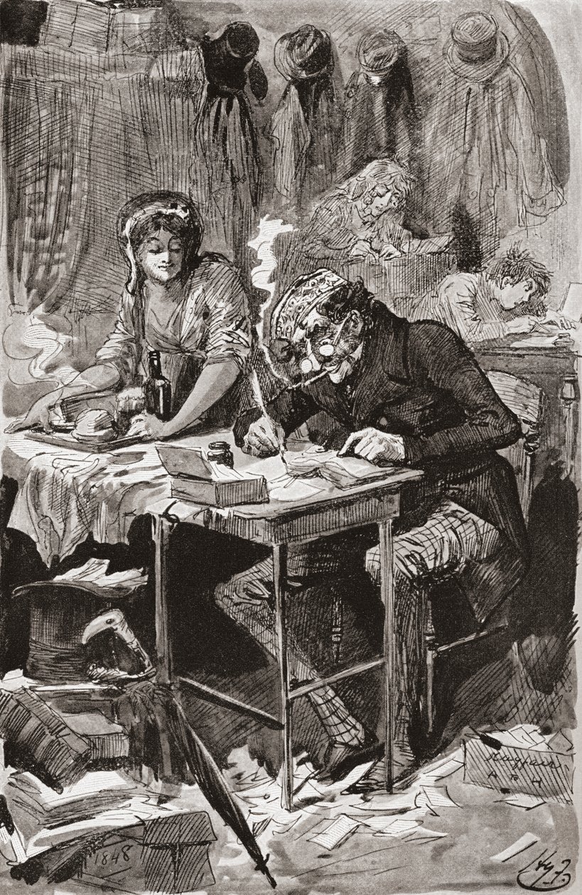 Der Bettelbriefschreiber. Illustration von Harry Furniss für den Charles Dickens Roman Große Erwartungen, aus der Testimonial Edition, veröffentlicht 1910. von Harry Furniss
