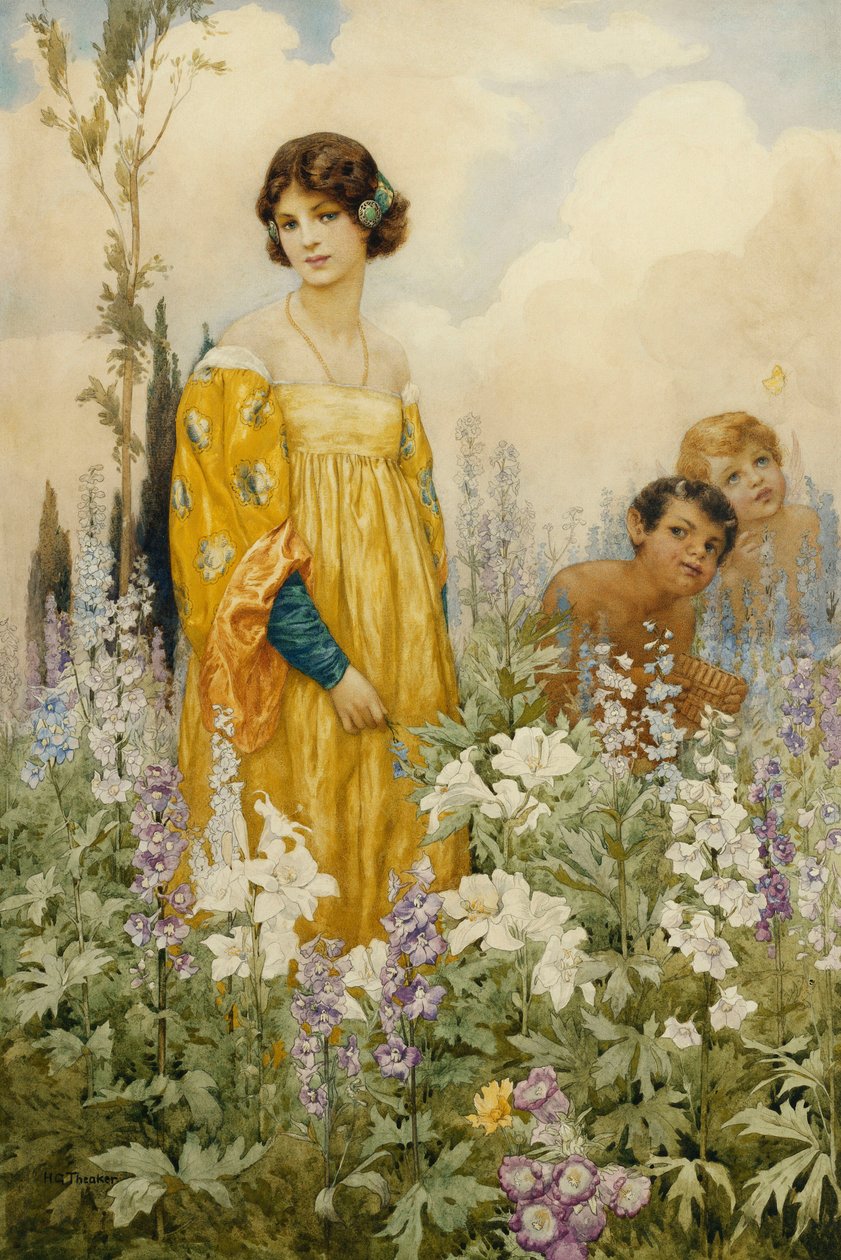Eine junge Maid mit Pan und Amor, in einem wilden Garten von Harry George Theaker