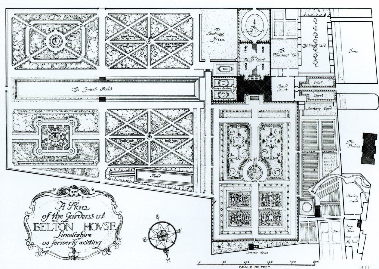 Ein Plan der Gärten von Belton House, Lincolnshire, wie sie früher existierten, ca. 1900 von Harry Inigo Triggs