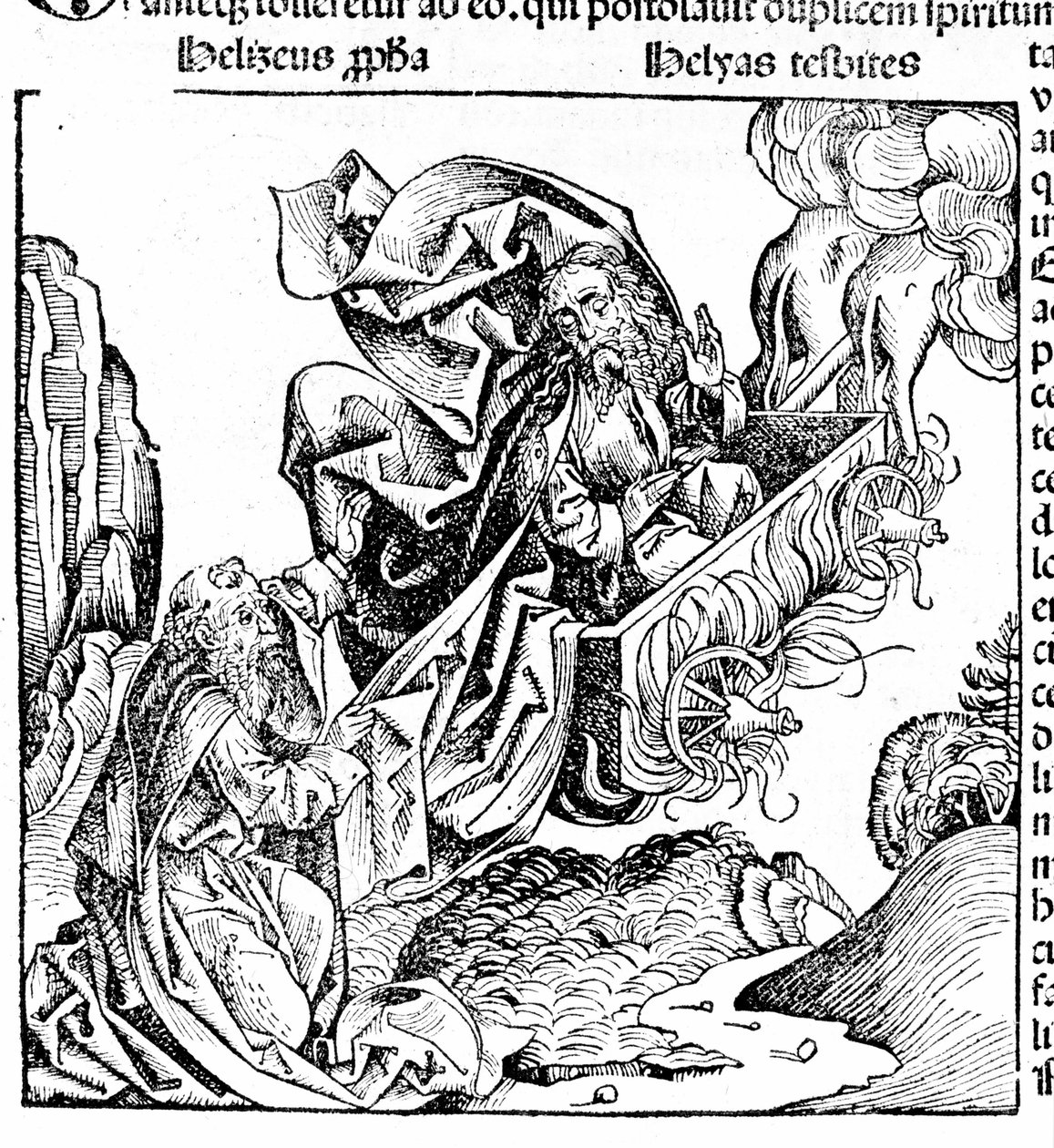 Elija steigt in einem Feuerwagen auf und hinterlässt sein Erbe an Elisee von Hartmann Schedel
