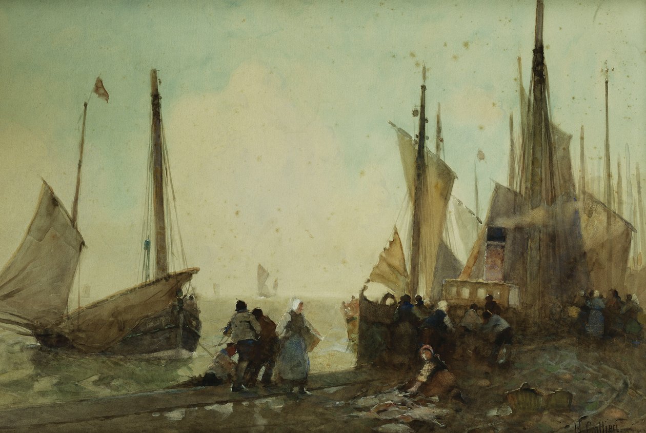 Entladen von Fischerbooten am Kai, Bretagne von Hector Caffieri