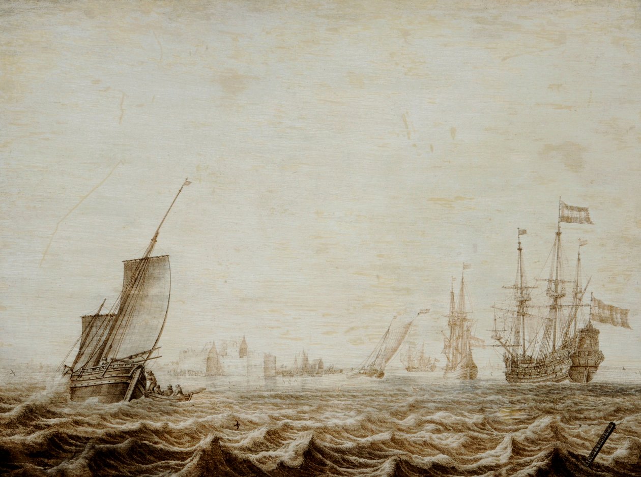 Ein Wijdschip senkt das Segel in einer stürmischen See, Mitte des 17. Jahrhunderts von Heerman Witmont