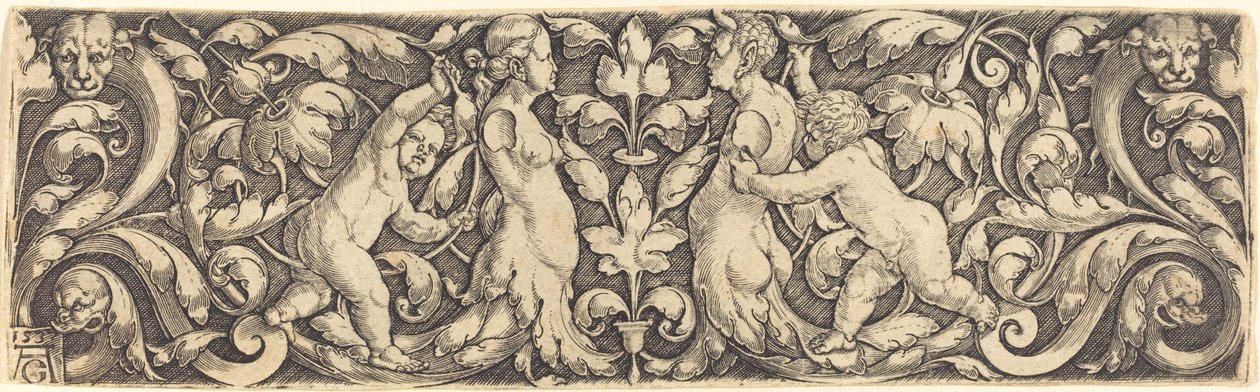 Kreuzpaneel mit Weinrebe in der Mitte und Tritonenpaar, 1537 von Heinrich Aldegrever