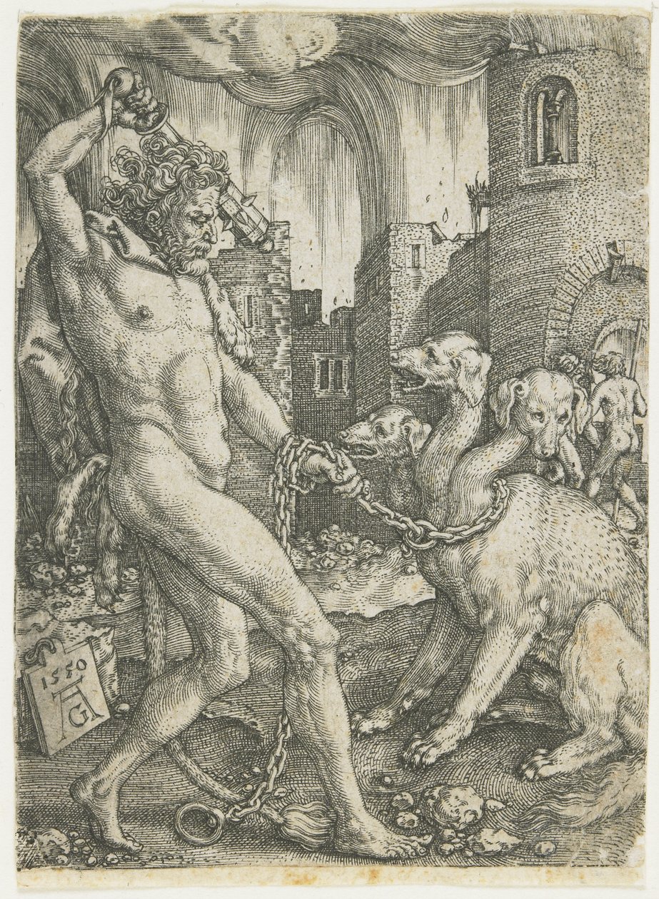 Herkules fesselt Cerberus, 1550 von Heinrich Aldegrever