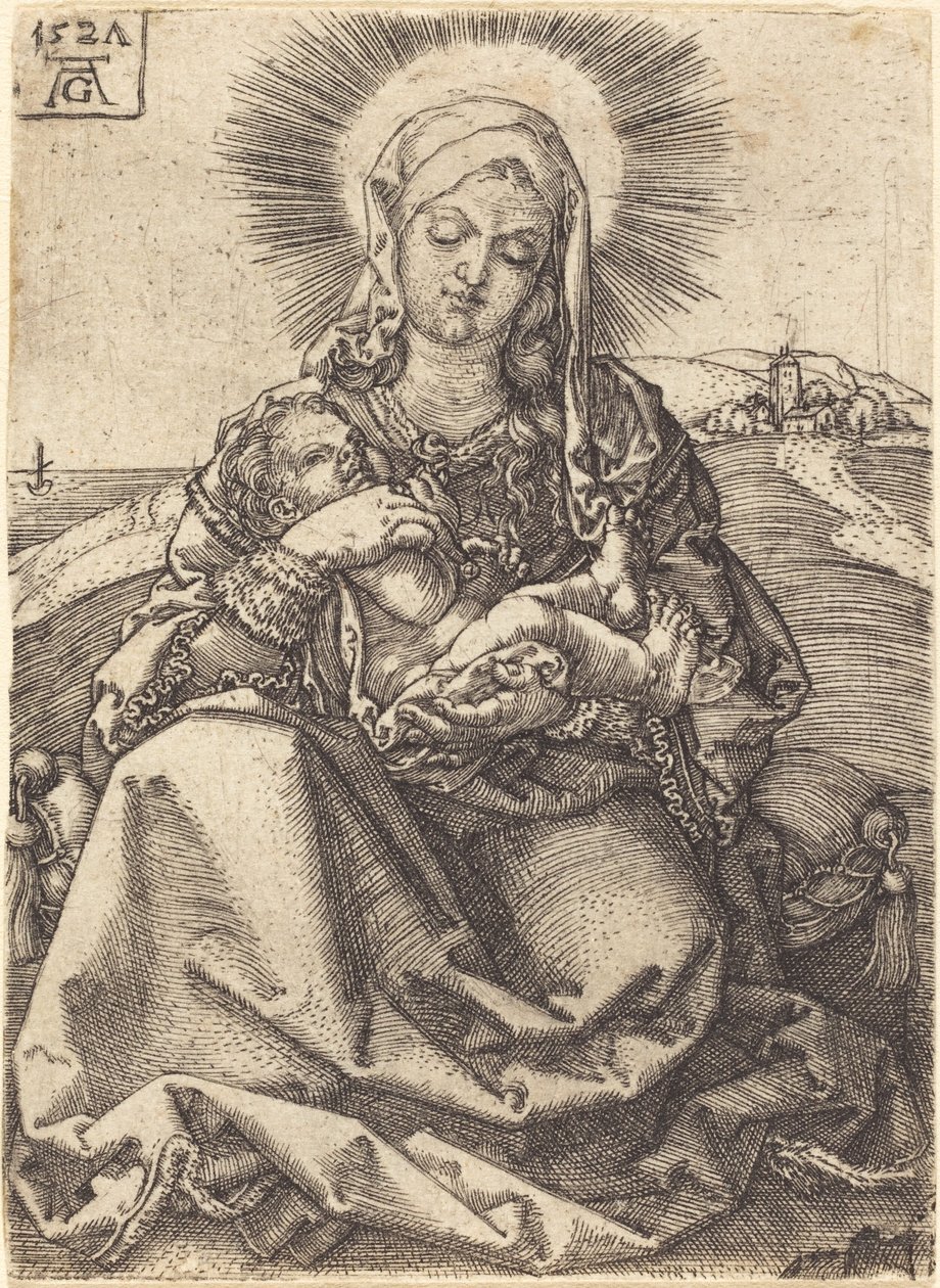 Madonna in einer Landschaft auf einem Kissen sitzend von Heinrich Aldegrever