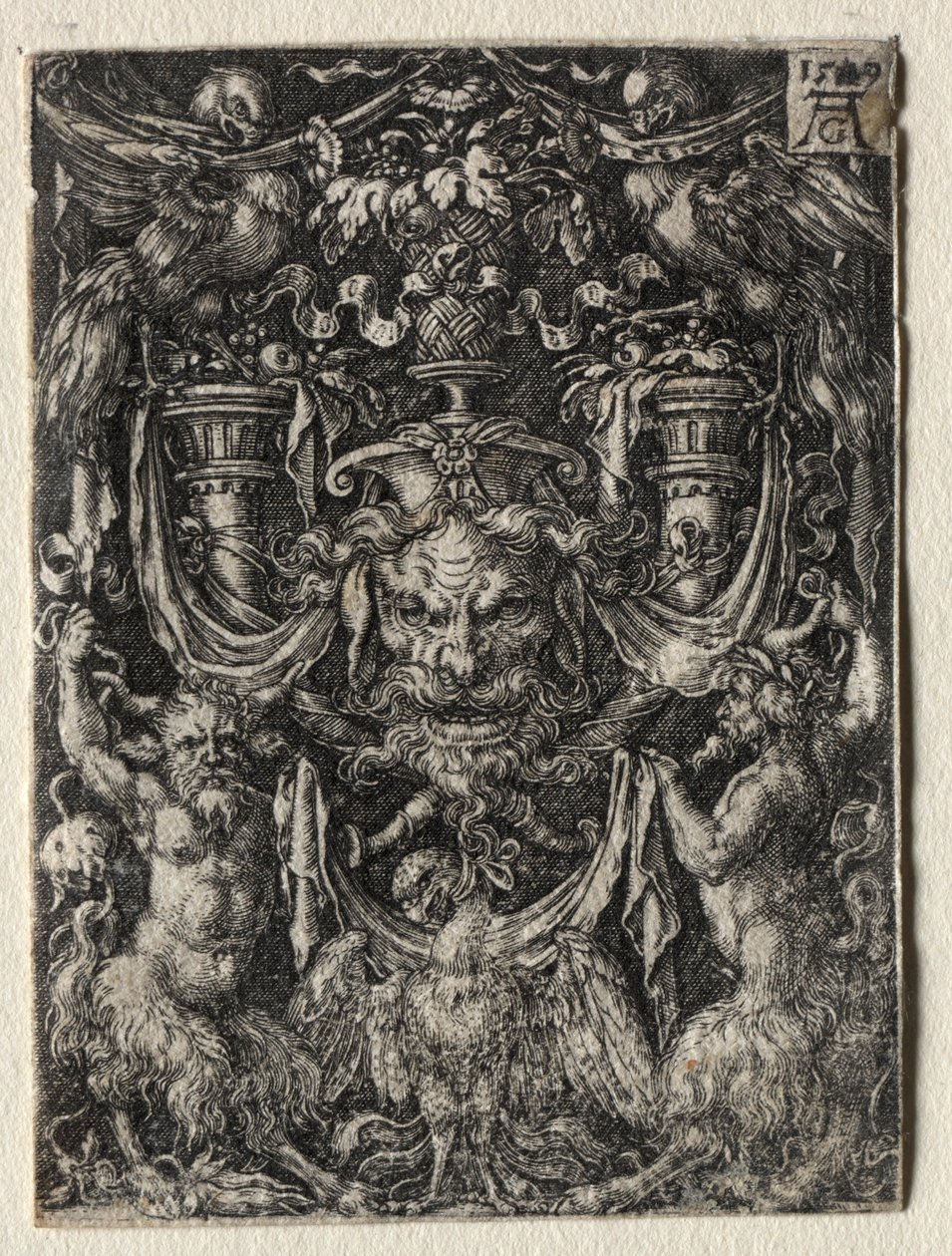 Ornamentdesign mit einer Maske und einem Adler zwischen zwei Faunen unten, 1509 von Heinrich Aldegrever